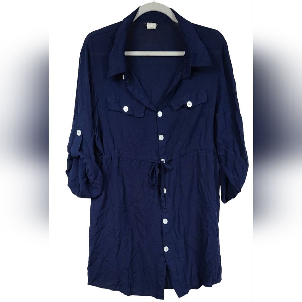 VENUS Navy Shirt Dress Beach Coverup Roll Tab Sleeve Nautical Mini XL Tunic - Picture 10 of 10